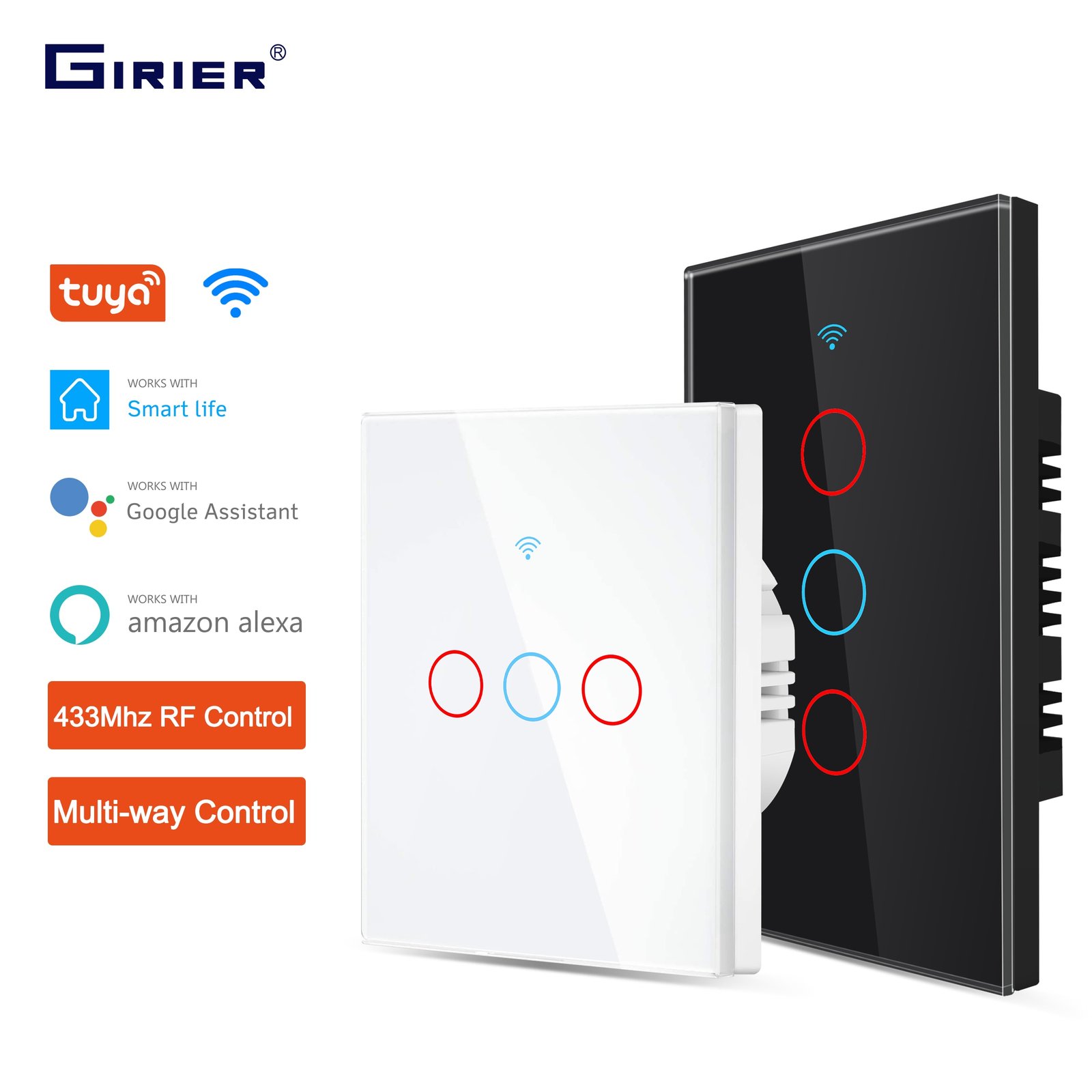 GIRIER-Tuya-Wifi-Light-Switch-Smart-Touch-Wall-Switch-EU-US-Support-Multi-way-Control-100 Wifi Light Switch, Smart Touch Wall Switch EU/US Support Multi-way Control 100-240V, Works with Alexa Google Home