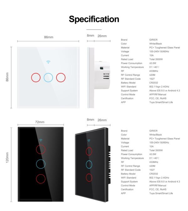 H472b2fec2bf54f738b1103c3d63ee61fZ Wifi Light Switch, Smart Touch Wall Switch EU/US Support Multi-way Control 100-240V, Works with Alexa Google Home