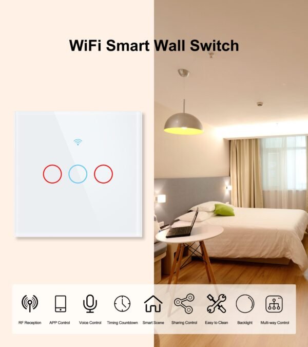 Hb0ad34ccb816487e8eee5838e7220520v Wifi Light Switch, Smart Touch Wall Switch EU/US Support Multi-way Control 100-240V, Works with Alexa Google Home